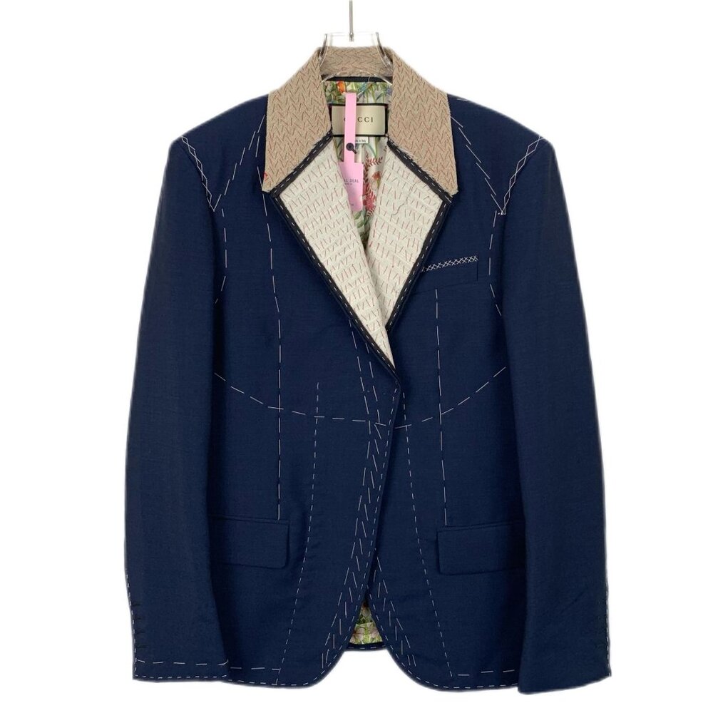 Gucci Mens Dark Blue Mohair Wool Blend Suit Jacket W/ Floral Lining Size 50L